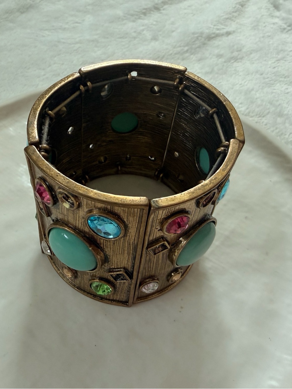 Vintage Gold Tone Stretch Cuff Bracelet Turquoise Cabochon Rhinestone Statement